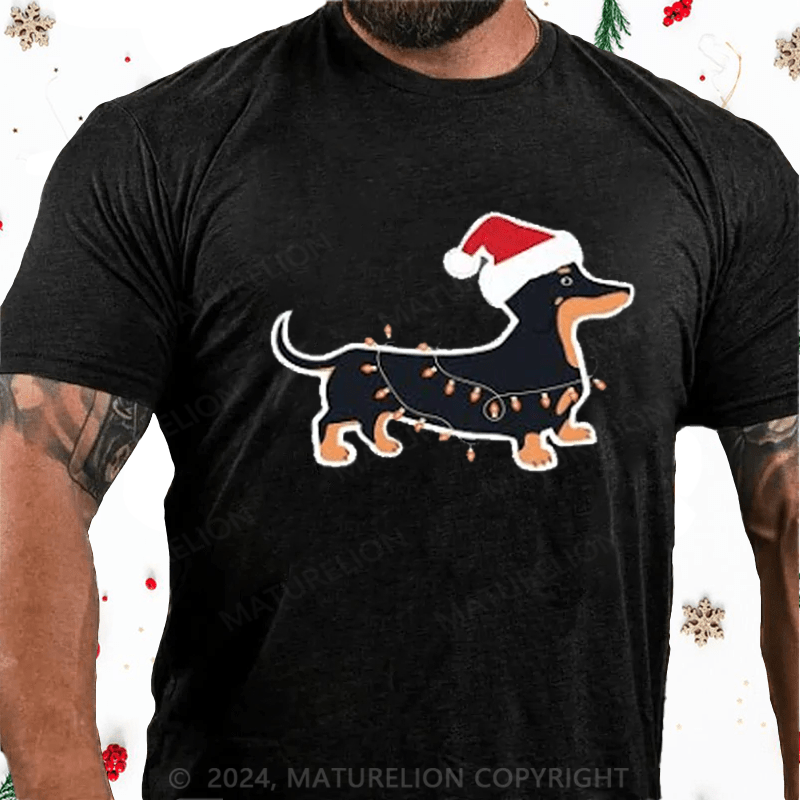 Maturelion Christmas T-Shirt Cute Weiner Dog Christmas Lights Graphic Printed Short Sleeve T-Shirt