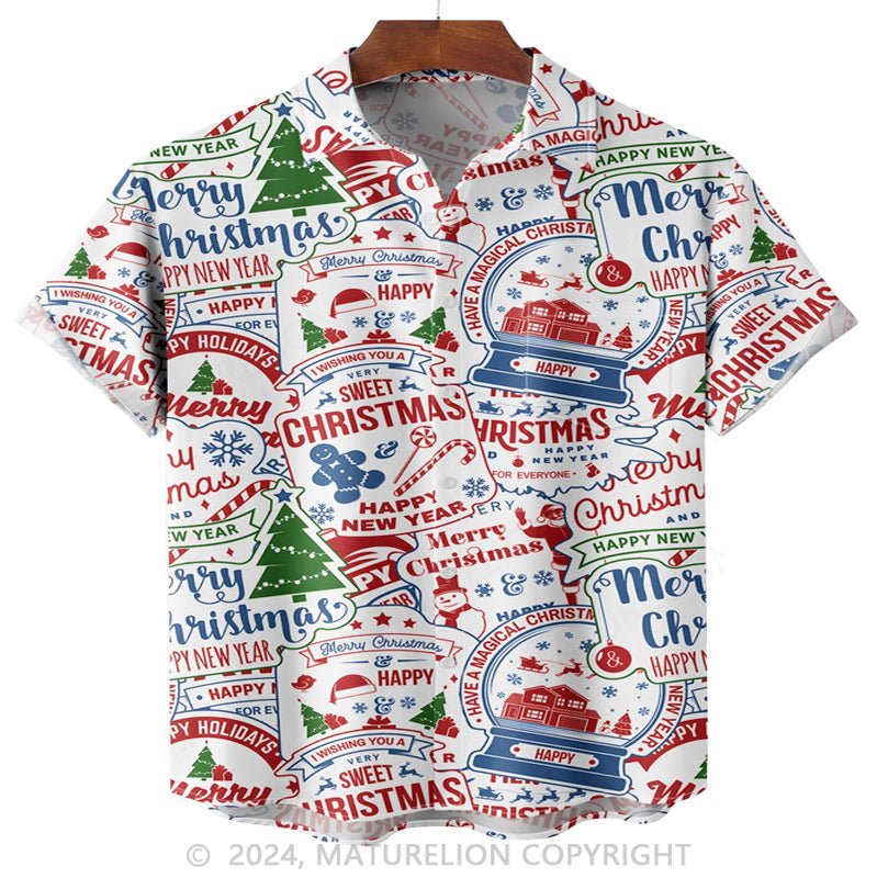 Maturelion Christmas Happy Christmas and New Year Chest Pocket Short Sleeve Hawaiian Shirt