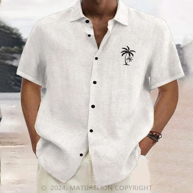 Maturelion Men'S Coconut Tree Print Cotton Linen Shirt