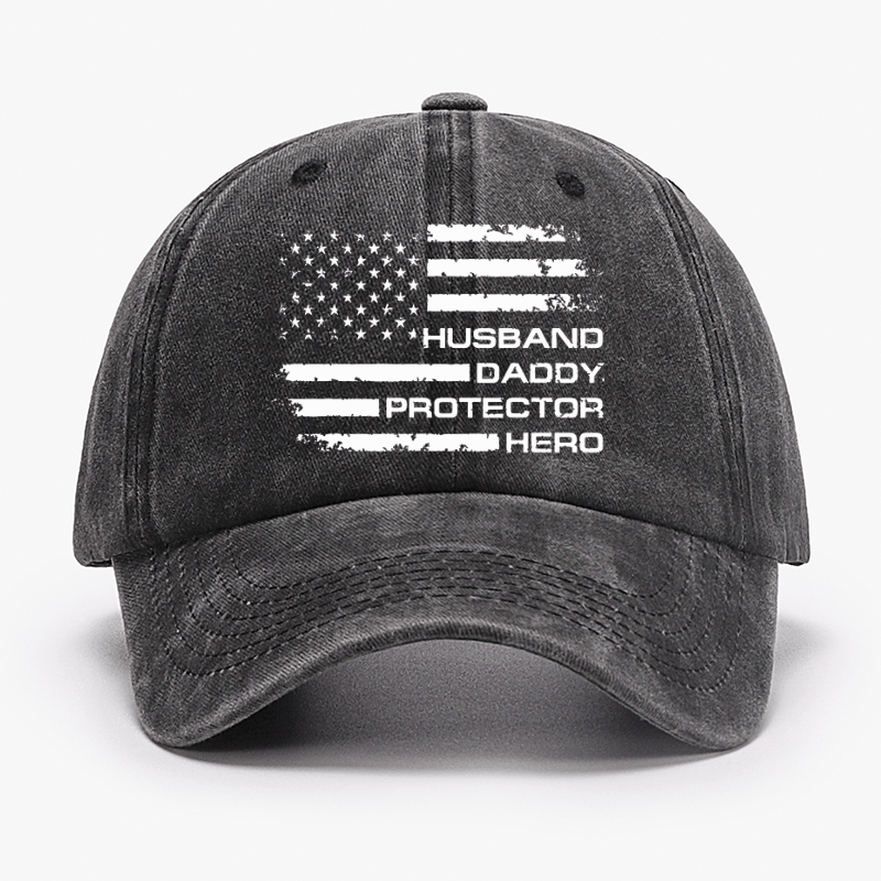 Husband Daddy Protector Hero Fathers Day Camo American Flag Cap