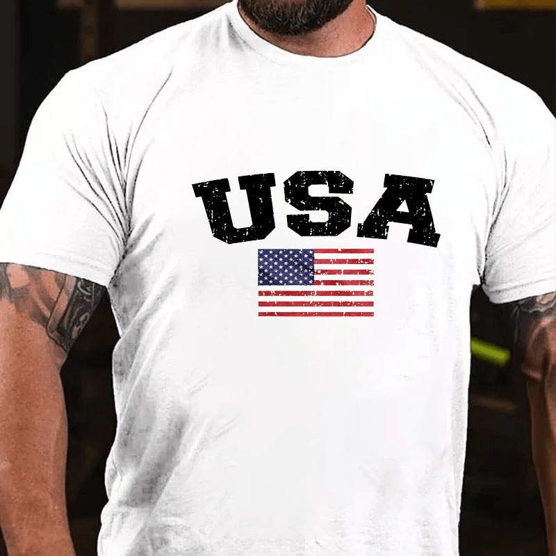 USA Distressed Flag American Pride Red White and Blue Cotton T-shirt