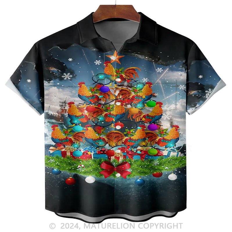 Maturelion Christmas Tree Rooster Chest Pocket Short Sleeve Hawaiian Shirt