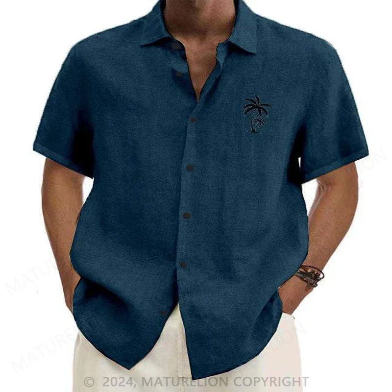 Maturelion Men'S Coconut Tree Print Cotton Linen Shirt