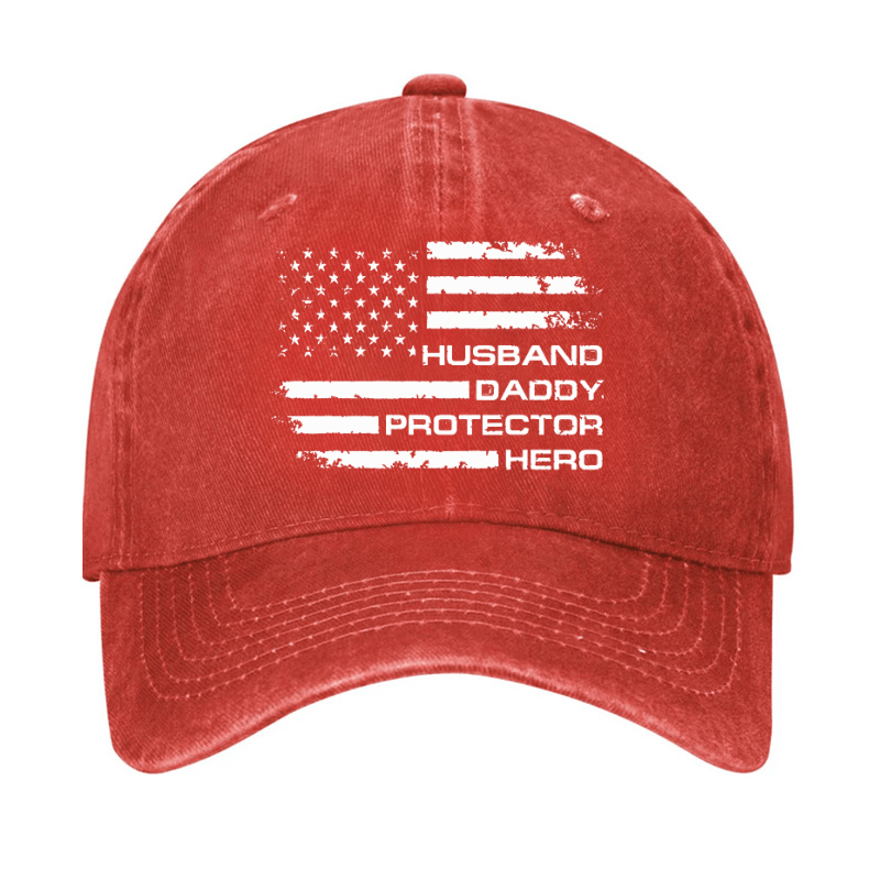 Husband Daddy Protector Hero Fathers Day Camo American Flag Cap