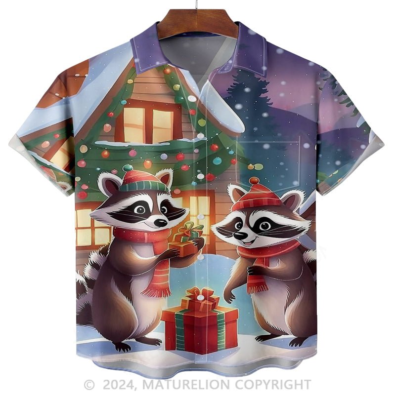 Maturelion Christmas Santa Raccoon Chest Pocket Hawaiian Shirt