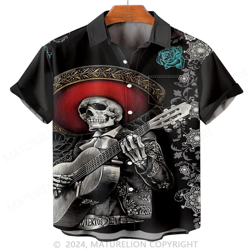 Maturelion Men'S Halloween Day Of The Dead Skeleton Music Printed Shirt