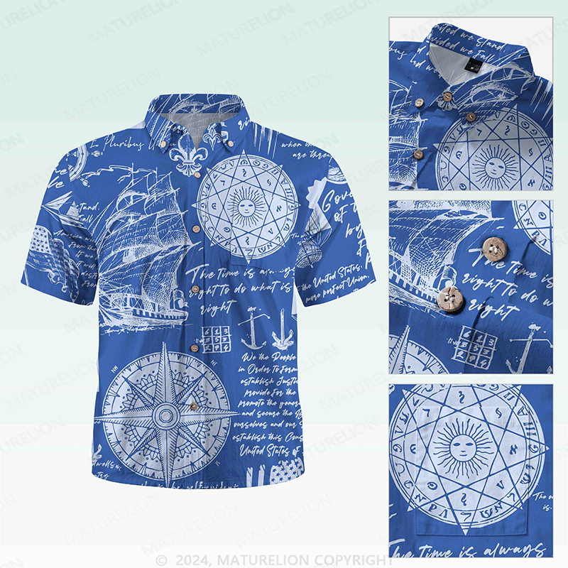 Maturelion Men's Hawaiian Shirt Helloice Steampunk Gold Compass Print Short Sleeve Hawaiian Shirt