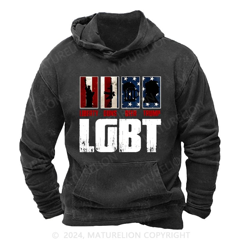 Maturelion American Flag LGBT Liberty Guns Beer Funny Washed Hoodie