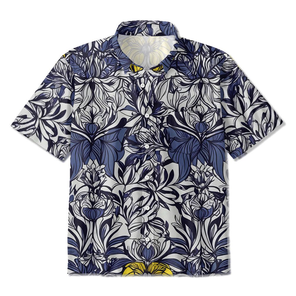 Maturelion Navy Blue Embossed Flower  Print Hawaiian Shirt