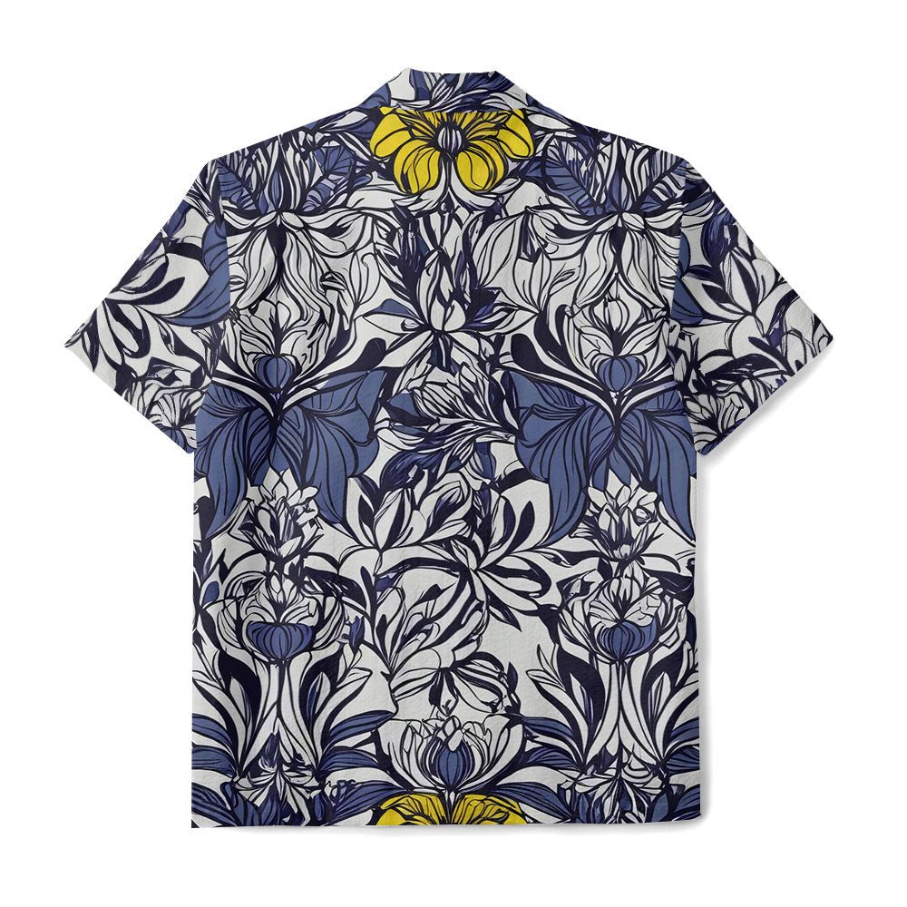 Maturelion Navy Blue Embossed Flower  Print Hawaiian Shirt