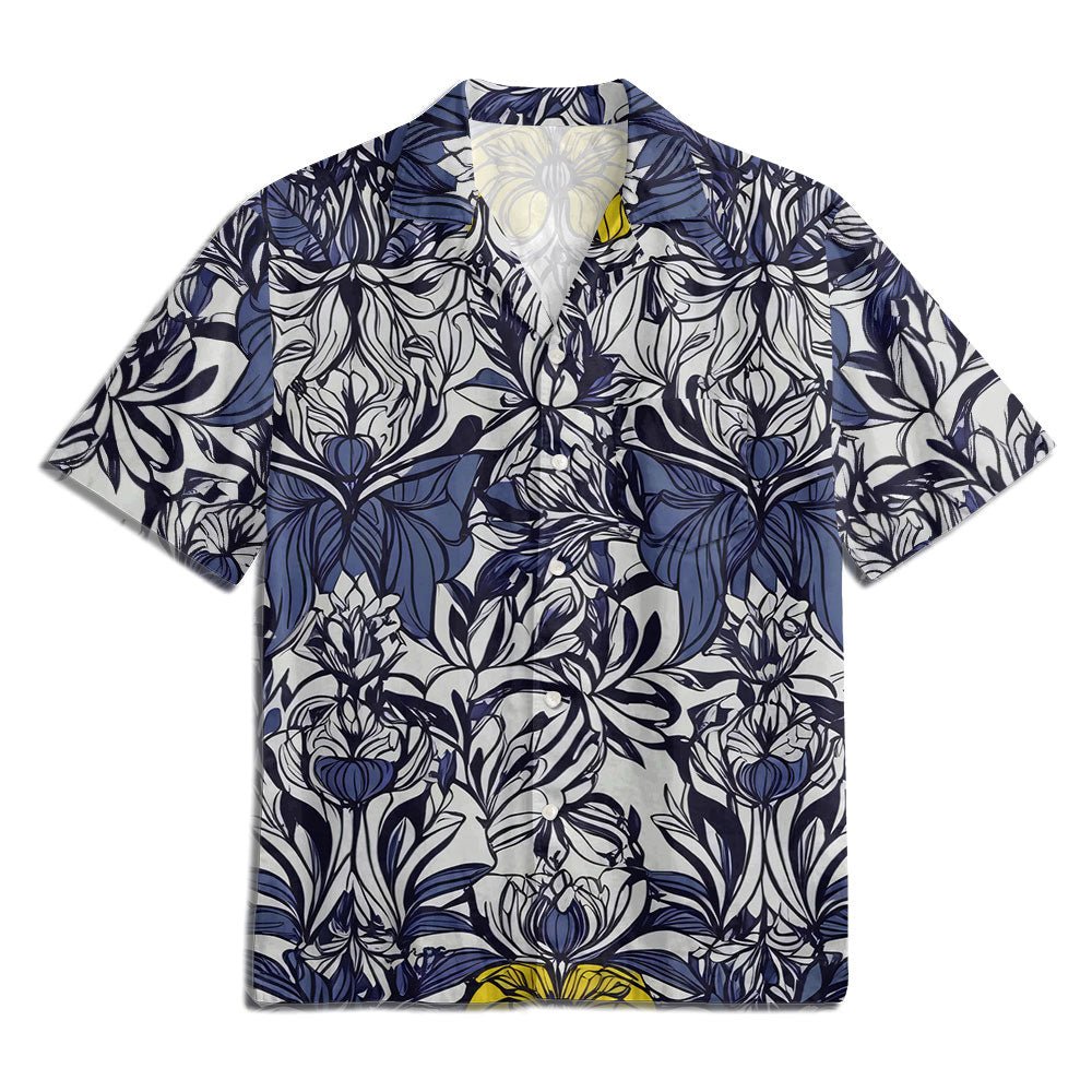 Maturelion Navy Blue Embossed Flower  Print Hawaiian Shirt