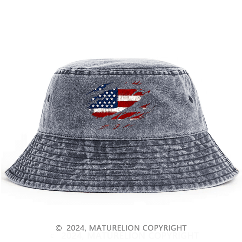 Maturelion Distressed American Flag Print Bucket Hat