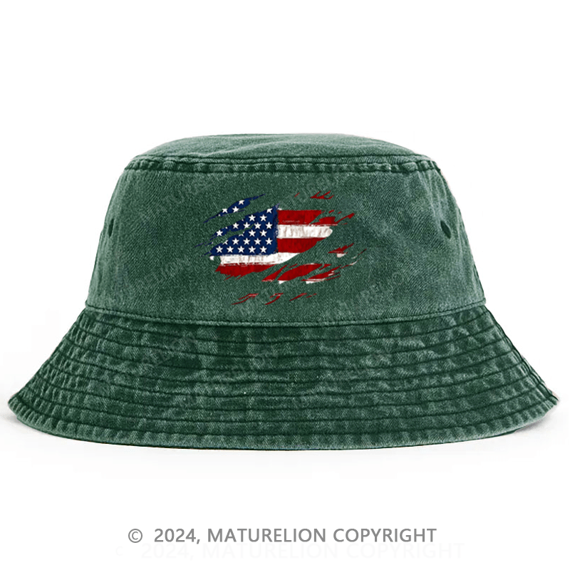 Maturelion Distressed American Flag Print Bucket Hat