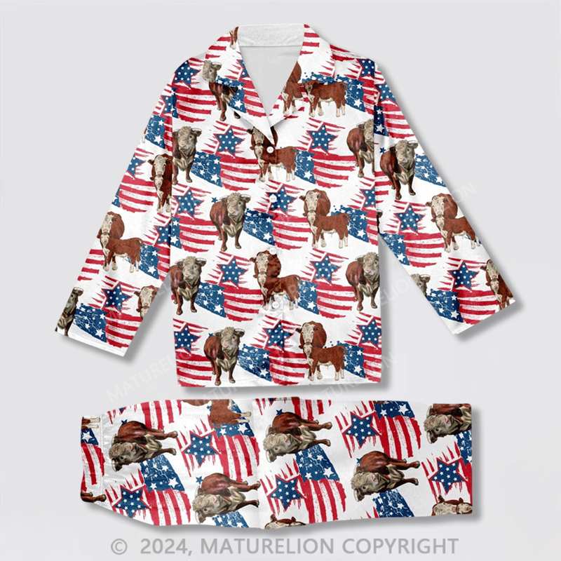 Maturelion Hereford Happy Star US Flag Pattern All Over Print Pajamas Sets