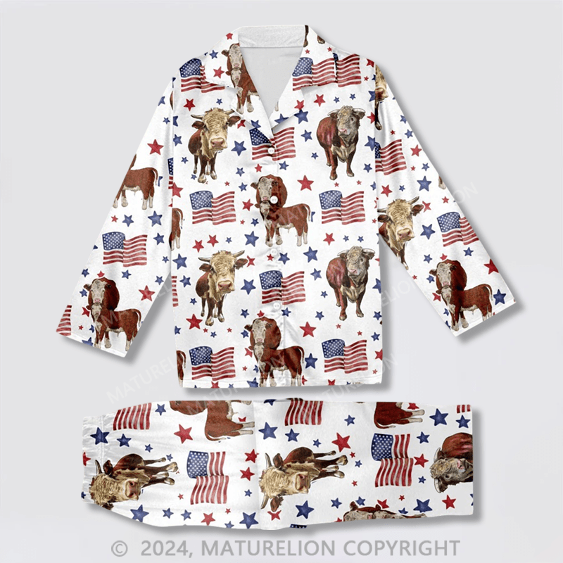 Maturelion Texas Longhorn Happy US Flag Pattern All Over Print Pajamas Sets