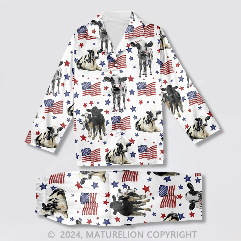 Maturelion Texas Longhorn Happy US Flag Pattern All Over Print Pajamas Sets