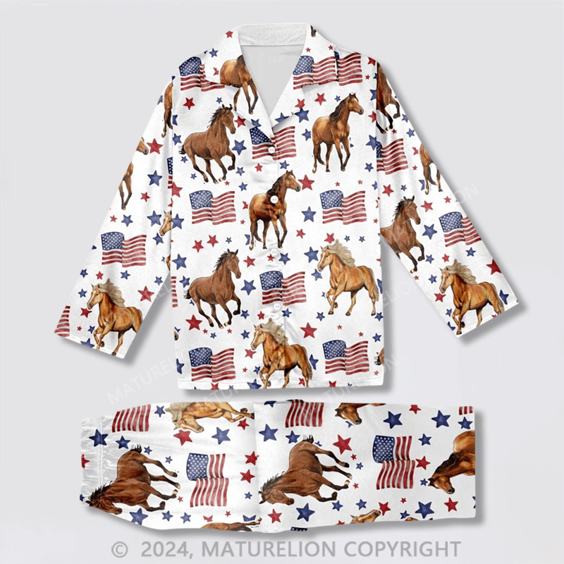 Maturelion Texas Longhorn Happy US Flag Pattern All Over Print Pajamas Sets