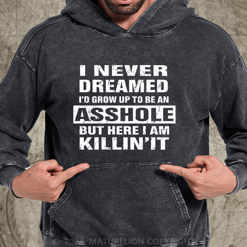 Maturelion I Never Dreamed I'd Grow Up To Be An Asshole But Here I'm Killin' It DTG Printing Washed Hoodie