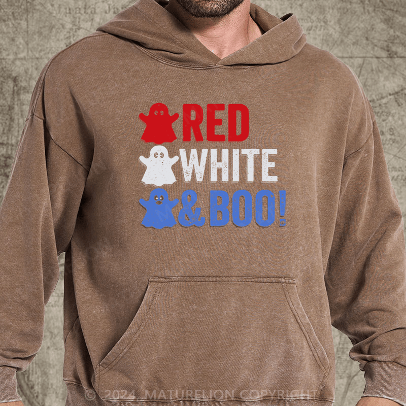 Maturelion Red, White, And Boo!Halloween DTG Printing Washed Hoodie