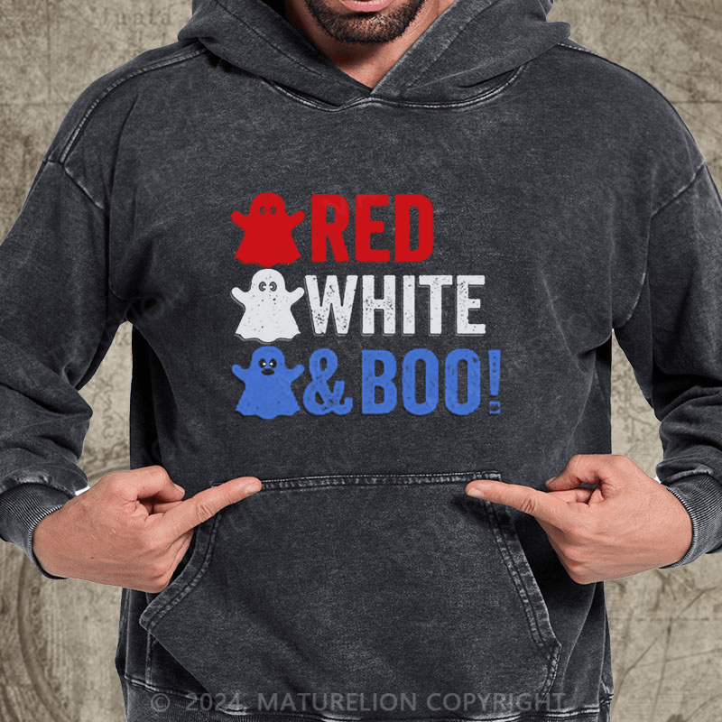 Maturelion Red, White, And Boo!Halloween DTG Printing Washed Hoodie