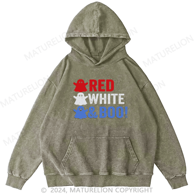 Maturelion Red, White, And Boo!Halloween DTG Printing Washed Hoodie