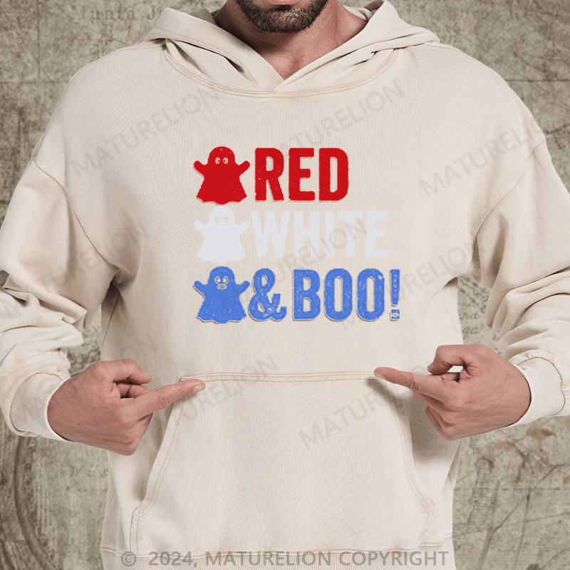 Maturelion Red, White, And Boo!Halloween DTG Printing Washed Hoodie