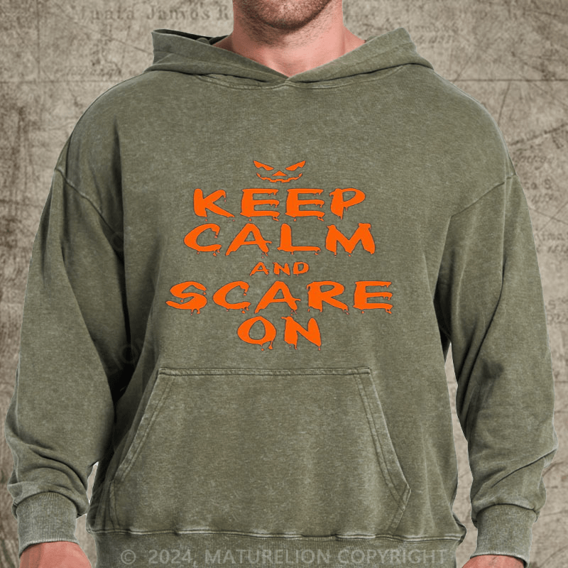 Maturelion Halloween Costume Keep Calm and Scary On Halloween DTG Printing Washed Hoodies for Men