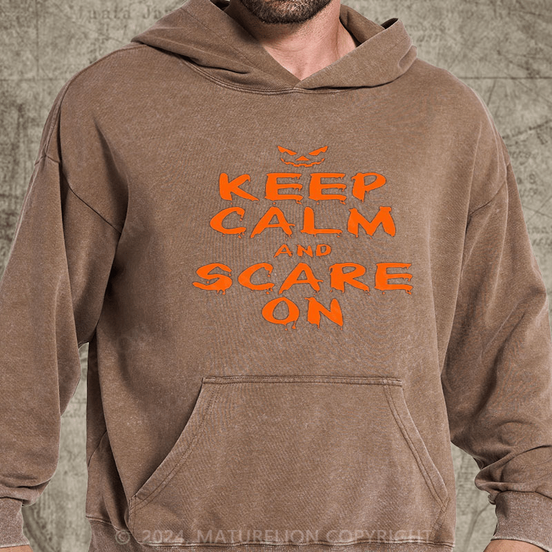 Maturelion Halloween Costume Keep Calm and Scary On Halloween DTG Printing Washed Hoodies for Men