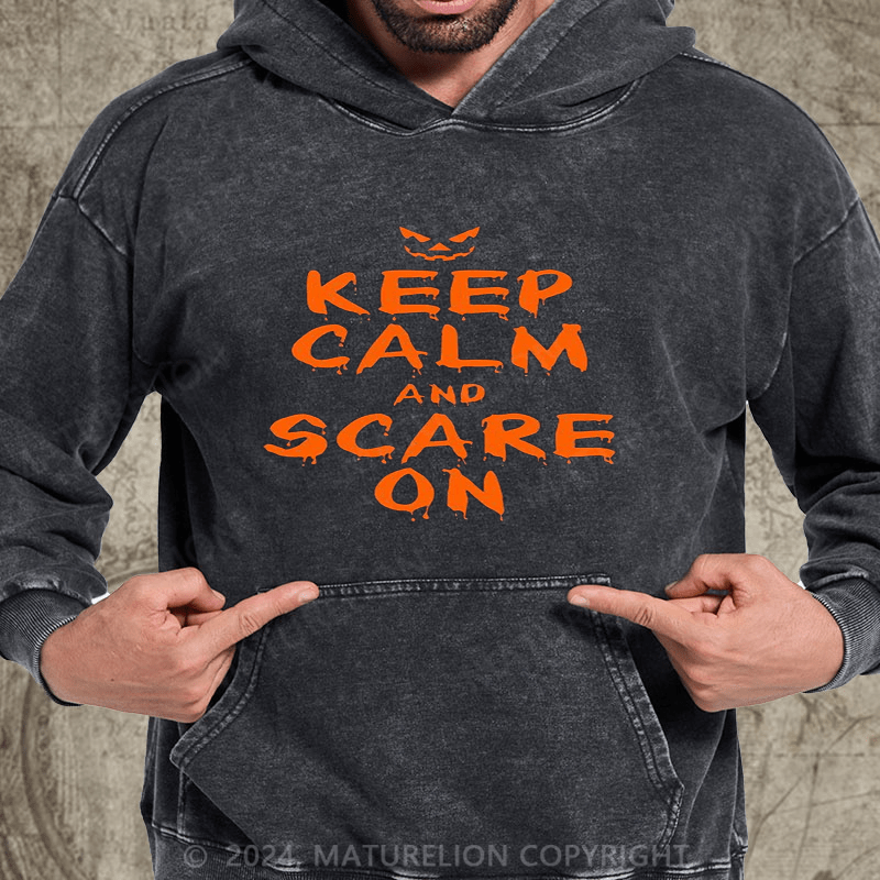 Maturelion Halloween Costume Keep Calm and Scary On Halloween DTG Printing Washed Hoodies for Men