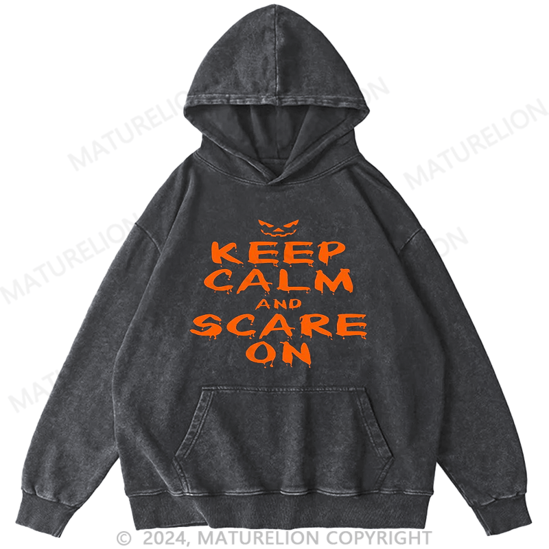 Maturelion Halloween Costume Keep Calm and Scary On Halloween DTG Printing Washed Hoodies for Men