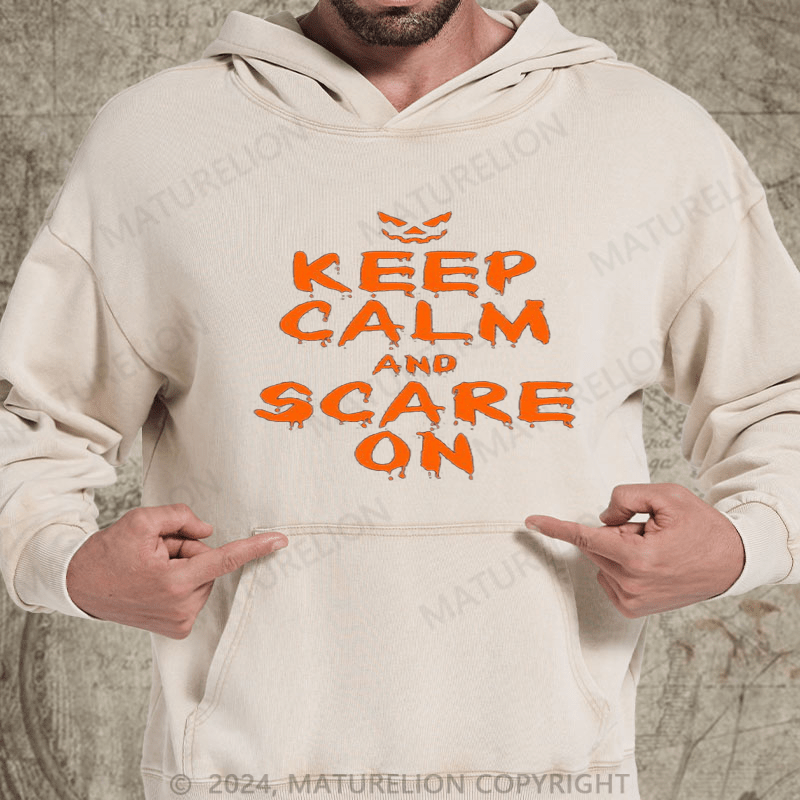 Maturelion Halloween Costume Keep Calm and Scary On Halloween DTG Printing Washed Hoodies for Men