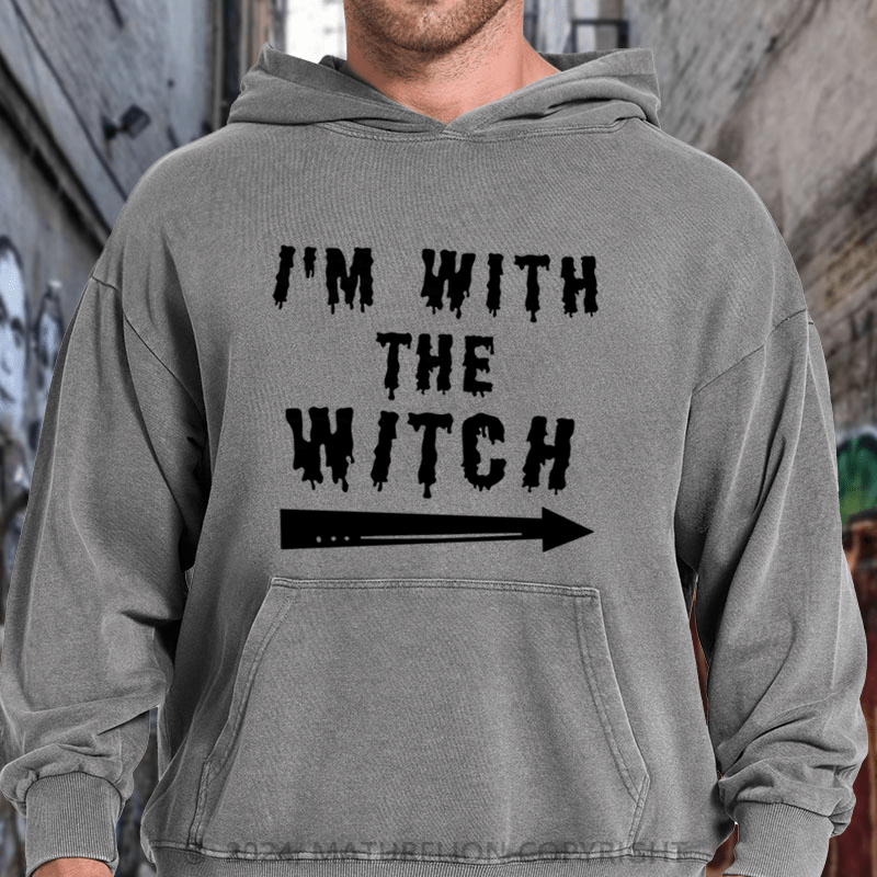 Maturelion Halloween Male I'm With The Witch Costume Funny Couples Men Classic DTG Printing Washed Hoodie