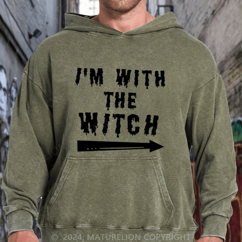 Maturelion Halloween Male I'm With The Witch Costume Funny Couples Men Classic DTG Printing Washed Hoodie