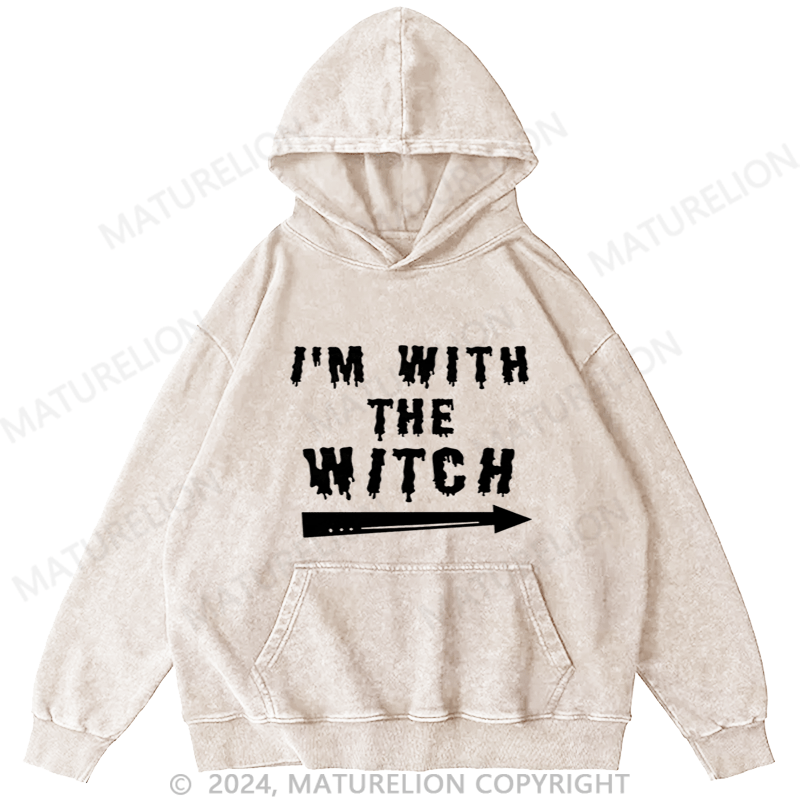 Maturelion Halloween Male I'm With The Witch Costume Funny Couples Men Classic DTG Printing Washed Hoodie