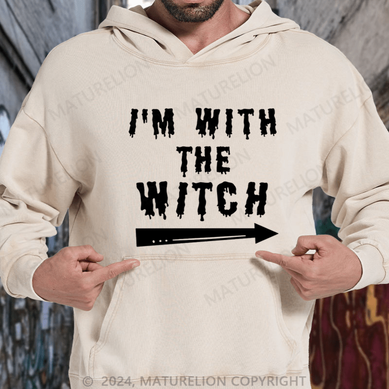 Maturelion Halloween Male I'm With The Witch Costume Funny Couples Men Classic DTG Printing Washed Hoodie