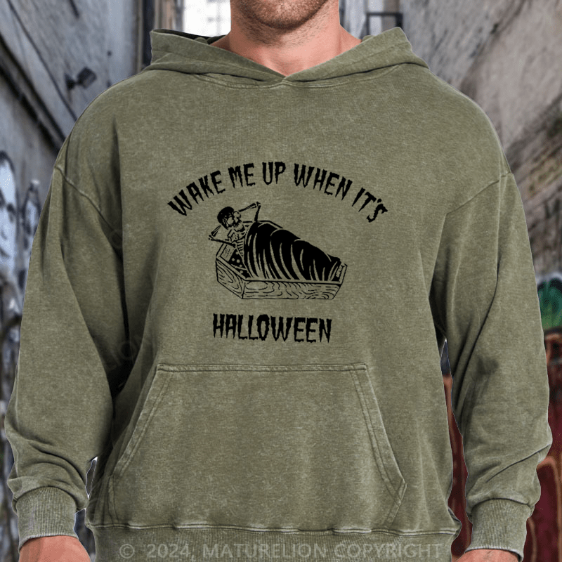 Maturelion Wake Me Up When It's Halloween Skeleton Spooky DTG Printing Washed Hoodie