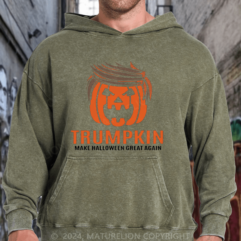 Maturelion Trumpkin Donald Trump Pumpkin Head Funny Jack-O'-Lantern Halloween DTG Printing Washed Hoodie