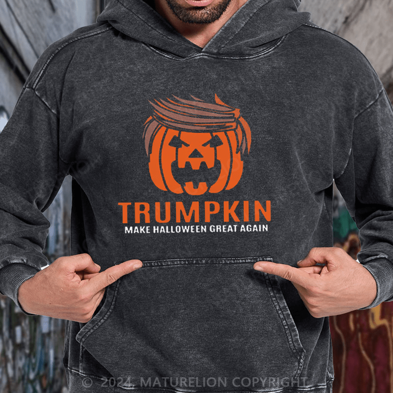 Maturelion Trumpkin Donald Trump Pumpkin Head Funny Jack-O'-Lantern Halloween DTG Printing Washed Hoodie