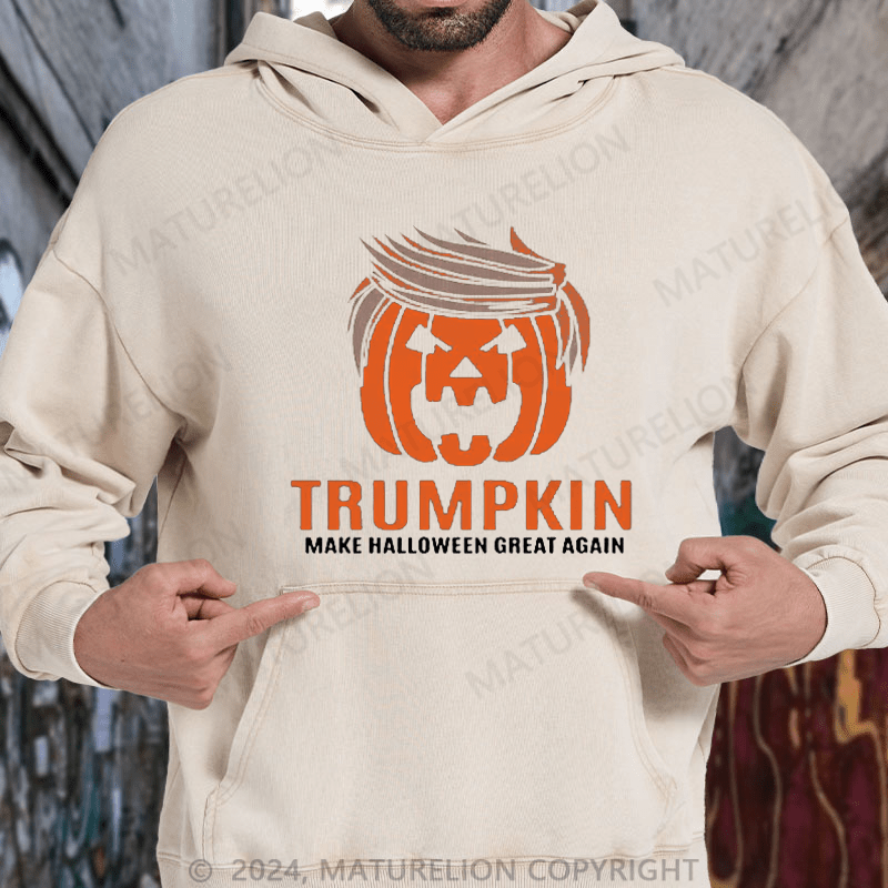 Maturelion Trumpkin Donald Trump Pumpkin Head Funny Jack-O'-Lantern Halloween DTG Printing Washed Hoodie