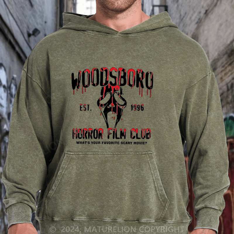 Maturelion Scream "Woodsboro Horror Film Club" DTG Printing Washed Hoodie