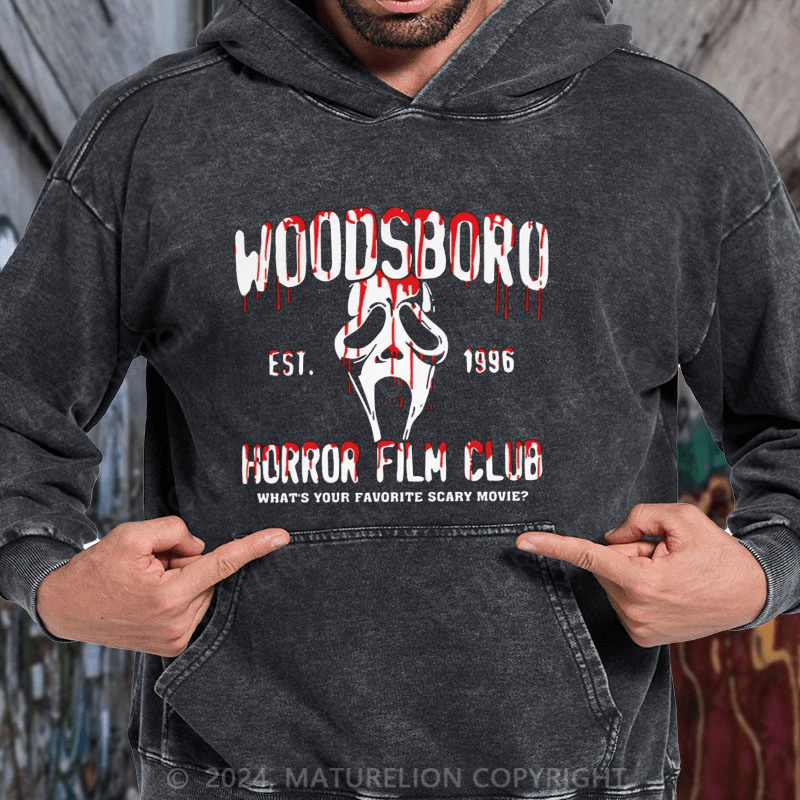 Maturelion Scream "Woodsboro Horror Film Club" DTG Printing Washed Hoodie