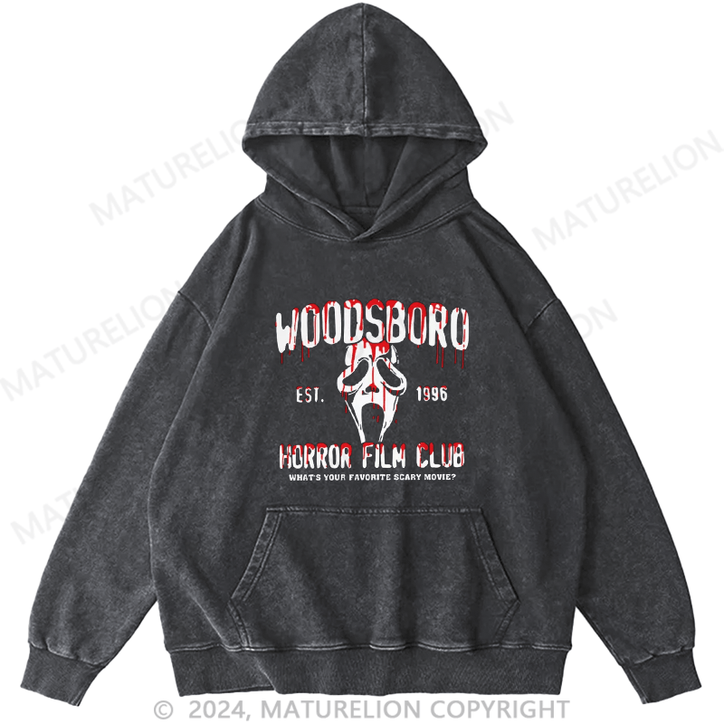 Maturelion Scream "Woodsboro Horror Film Club" DTG Printing Washed Hoodie