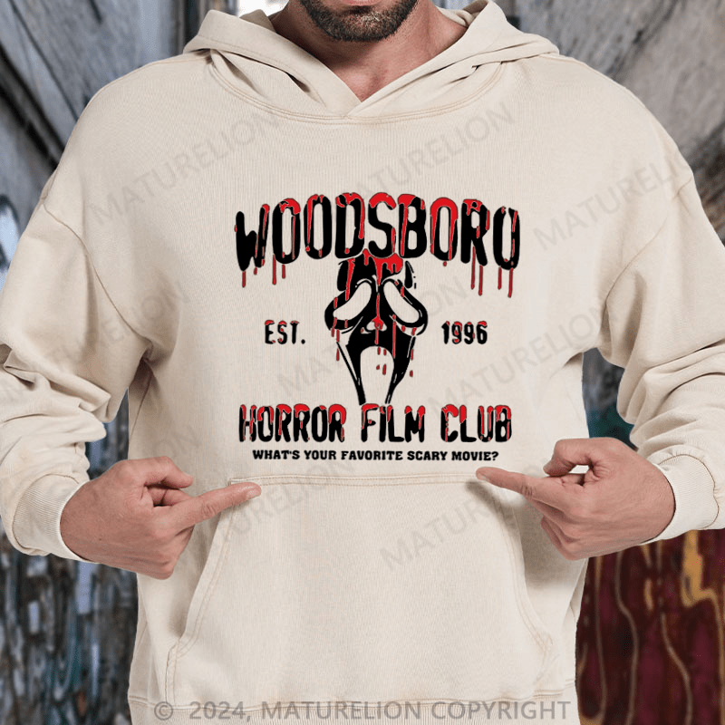 Maturelion Scream "Woodsboro Horror Film Club" DTG Printing Washed Hoodie