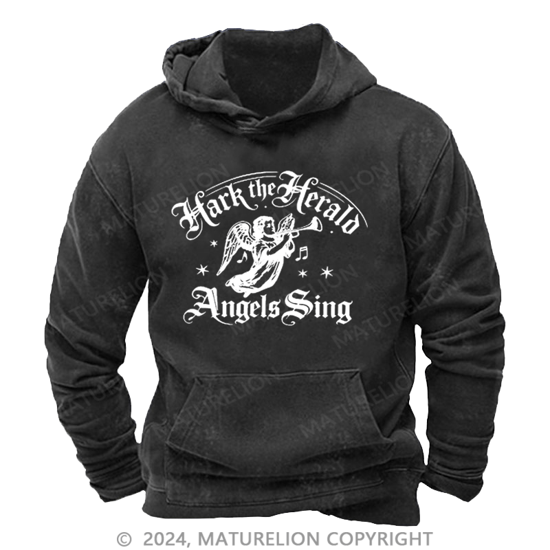 Maturelion Christmas Hoodie Hark! The Herald Angels Sing DTG Printing Washed Hoodie