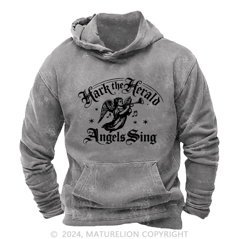 Maturelion Christmas Hoodie Hark! The Herald Angels Sing DTG Printing Washed Hoodie