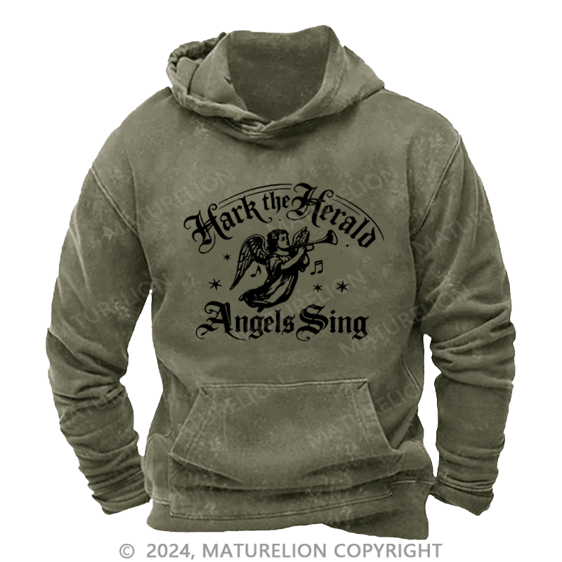 Maturelion Christmas Hoodie Hark! The Herald Angels Sing DTG Printing Washed Hoodie