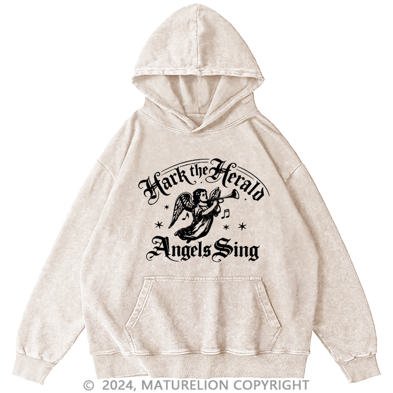 Maturelion Christmas Hoodie Hark! The Herald Angels Sing DTG Printing Washed Hoodie