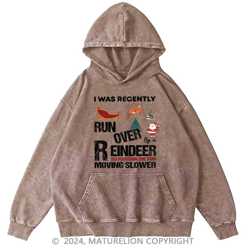 Maturelion Christmas Hoodie Grandma Got Run Over by a Reindeer DTG Printing Washed Hoodie