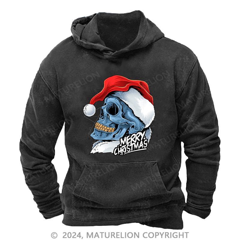 Maturelion Men's Hoodie Christmas Skull Wearing Santa Claus Hat DTG Printing Washed Hoodie