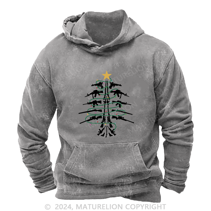 Maturelion Men's Hoodie Christmas Tree Firepower DTG Printing Washed Hoodie